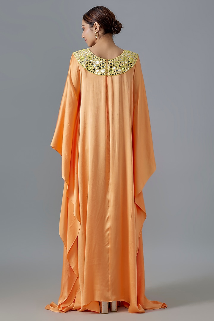 Burnt Orange Pure Satin Silk Mirror Embroidered Kurta by Akanksha Gajria at Pernia's Pop Up Shop
