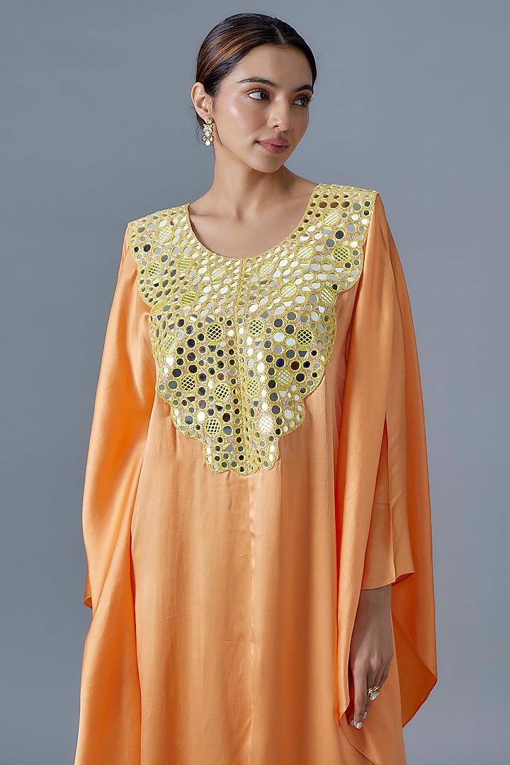 Burnt Orange Pure Satin Silk Mirror Embroidered Kurta by Akanksha Gajria at Pernia's Pop Up Shop