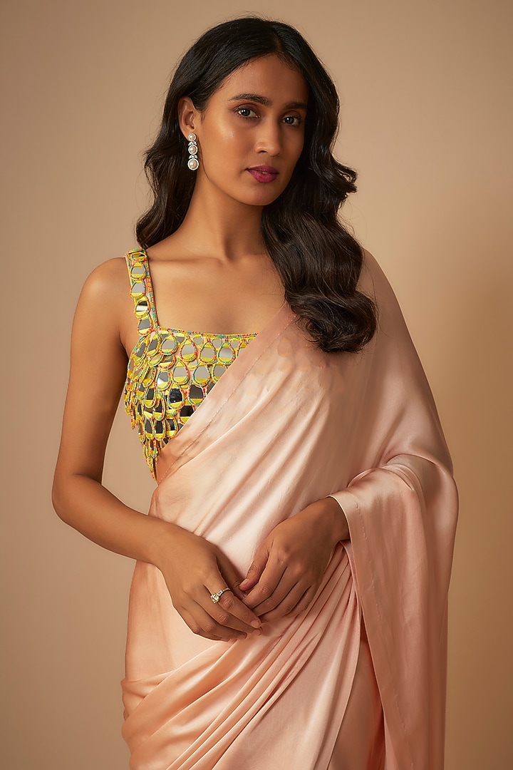 Peach Satin Silk Wedding Saree Set by Akanksha Gajria at Pernia's Pop Up Shop