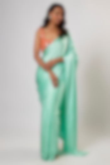 Mint Satin Silk Saree Set by Akanksha Gajria