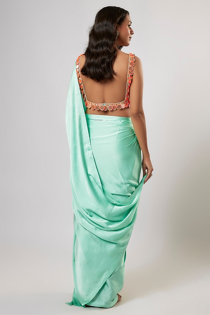 Mint Satin Silk Wedding Saree Set by Akanksha Gajria at Pernia's Pop Up Shop