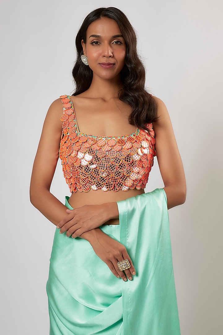 Mint Satin Silk Wedding Saree Set by Akanksha Gajria at Pernia's Pop Up Shop