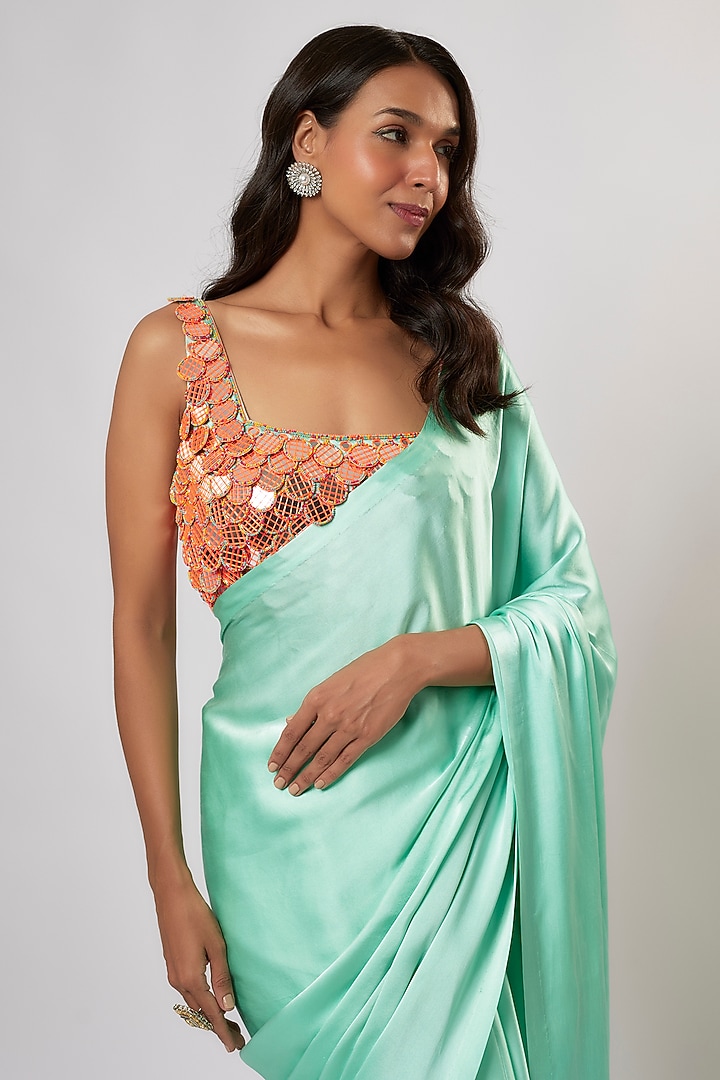 Mint Satin Silk Wedding Saree Set by Akanksha Gajria at Pernia's Pop Up Shop