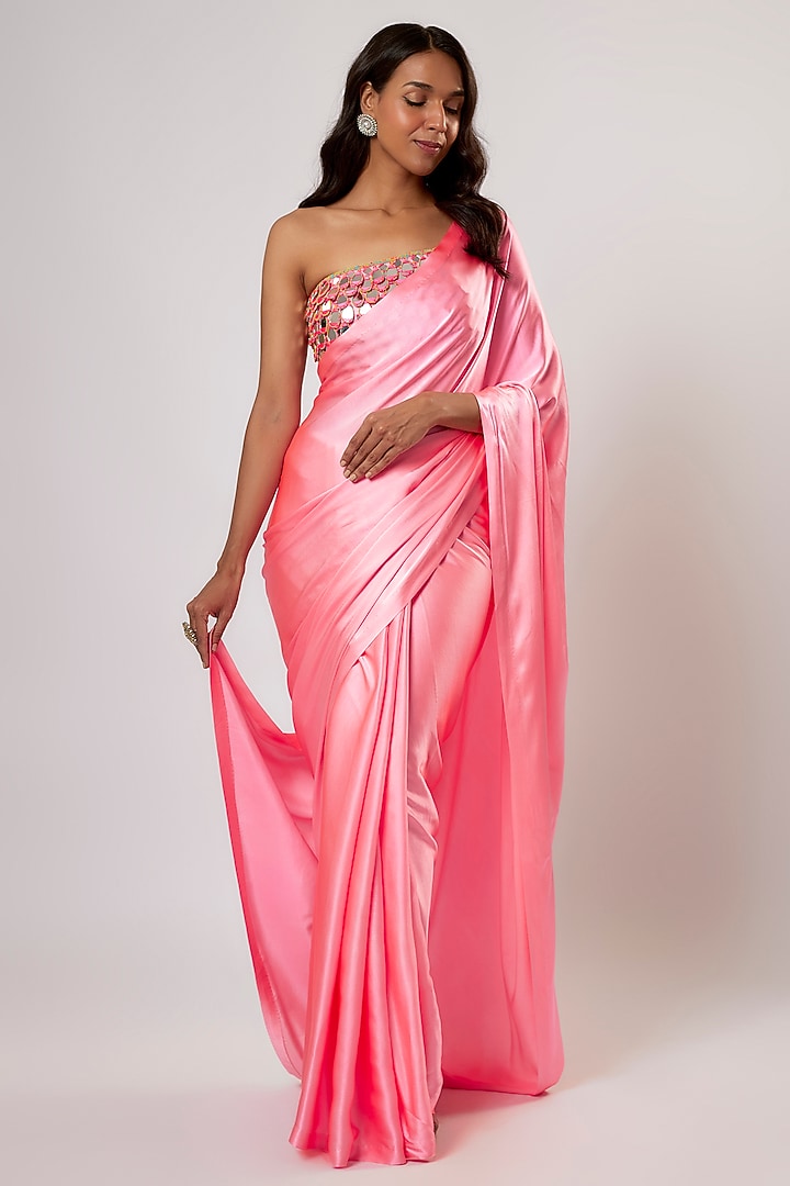 Pink Satin Silk Wedding Saree Set by Akanksha Gajria at Pernia's Pop Up Shop