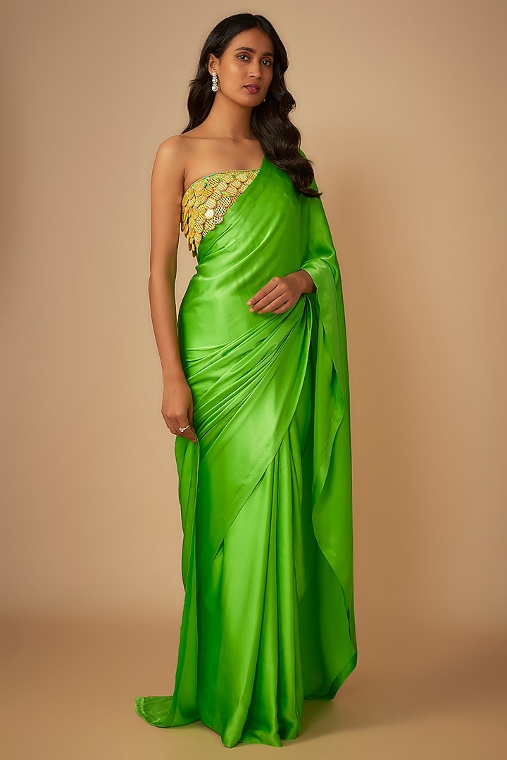 Green Satin Silk Wedding Saree Set by Akanksha Gajria at Pernia's Pop Up Shop