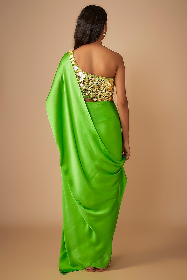 Green Satin Silk Wedding Saree Set by Akanksha Gajria at Pernia's Pop Up Shop