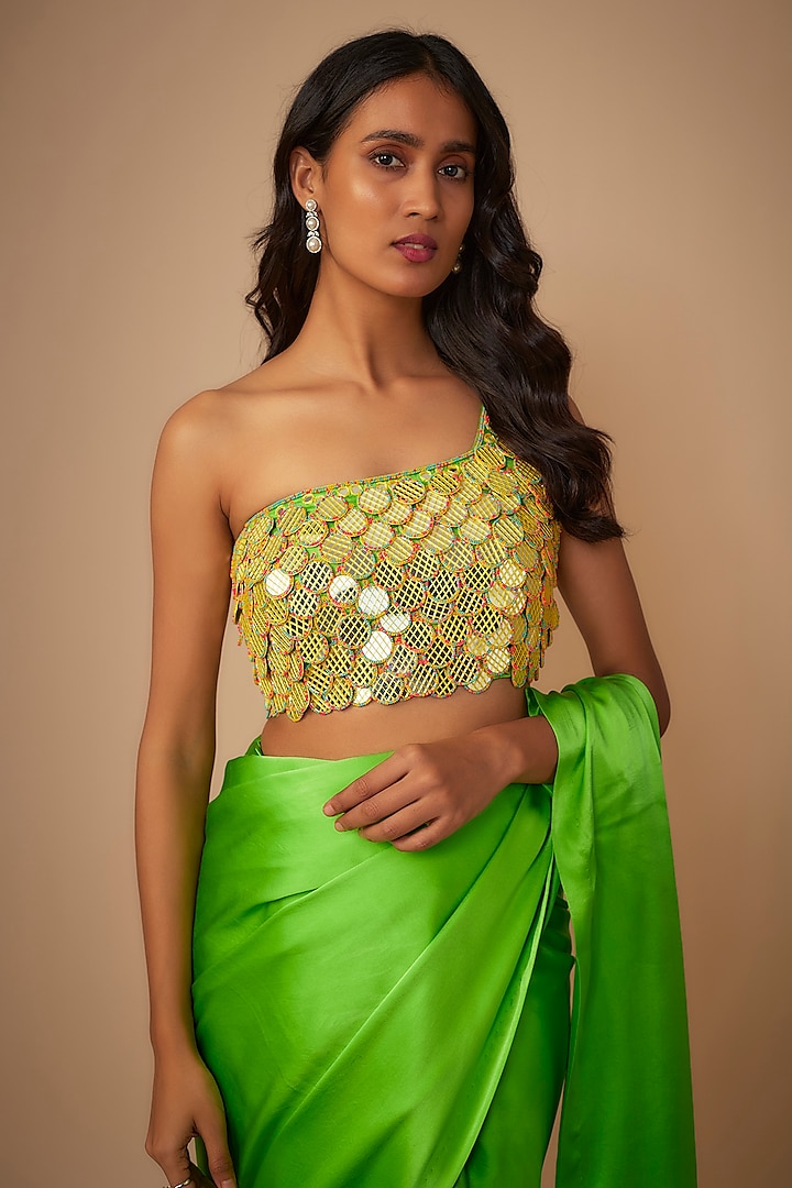 Green Satin Silk Wedding Saree Set by Akanksha Gajria at Pernia's Pop Up Shop