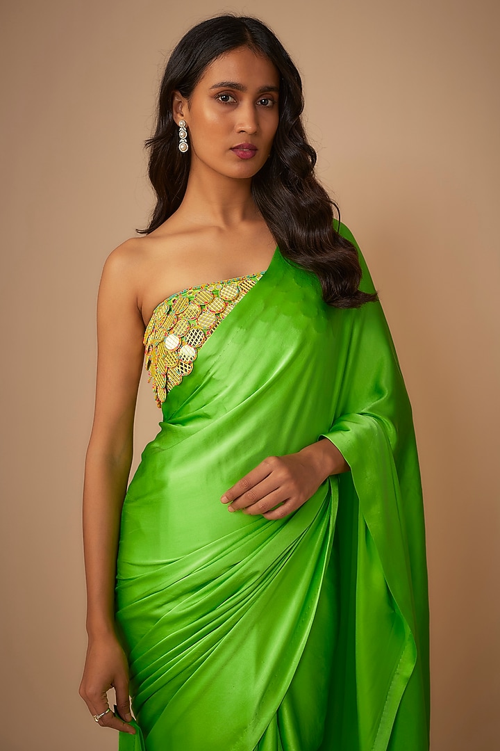 Green Satin Silk Wedding Saree Set by Akanksha Gajria at Pernia's Pop Up Shop