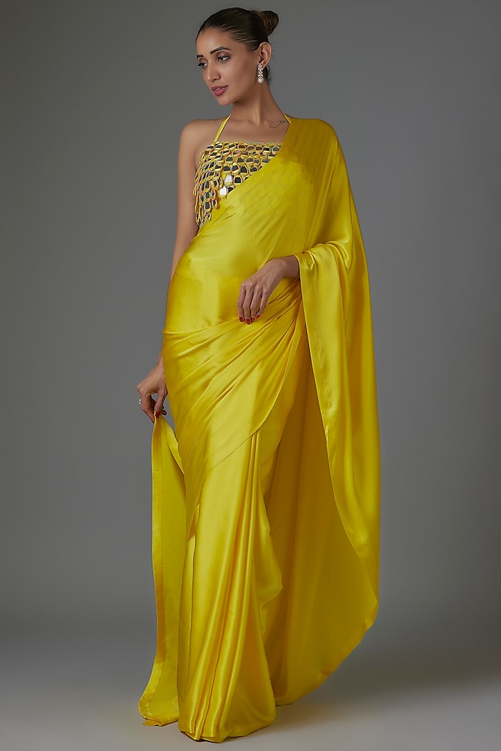 Yellow Pure Satin Silk Saree Set by Akanksha Gajria at Pernia's Pop Up Shop