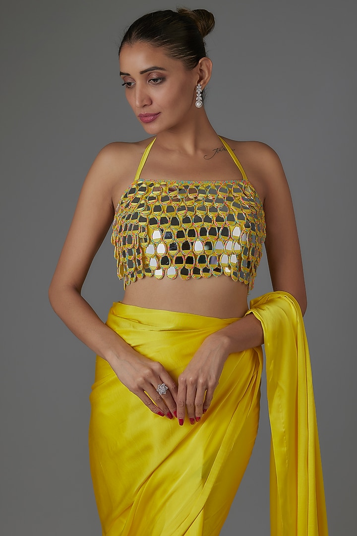 Yellow Pure Satin Silk Wedding Saree Set by Akanksha Gajria at Pernia's Pop Up Shop