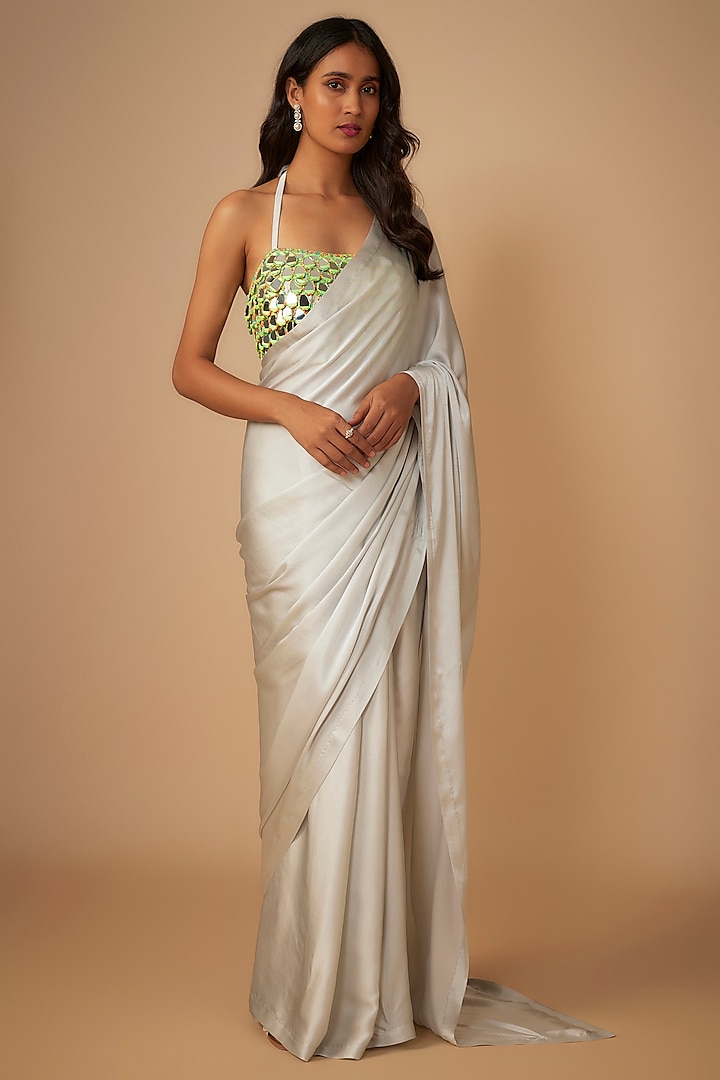 Grey Satin Silk Saree Set by Akanksha Gajria at Pernia's Pop Up Shop