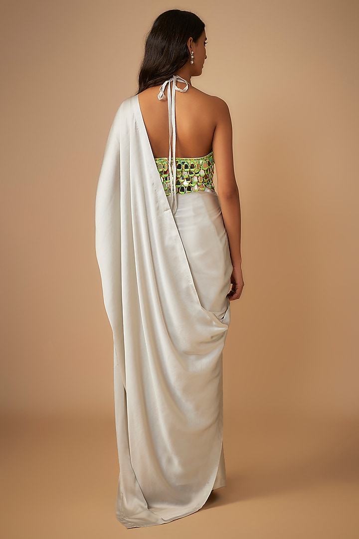 Grey Satin Silk Wedding Saree Set by Akanksha Gajria at Pernia's Pop Up Shop