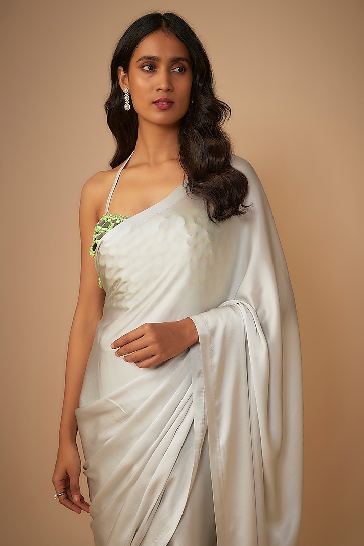 Grey Satin Silk Wedding Saree Set by Akanksha Gajria at Pernia's Pop Up Shop