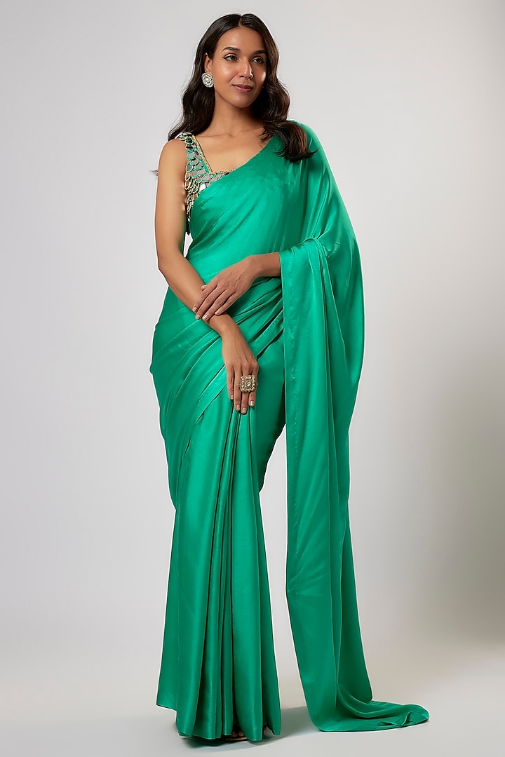 Turquoise Satin Silk Saree Set by Akanksha Gajria at Pernia's Pop Up Shop