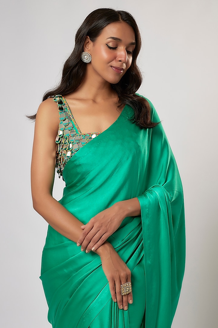 Turquoise Satin Silk Wedding Saree Set by Akanksha Gajria at Pernia's Pop Up Shop