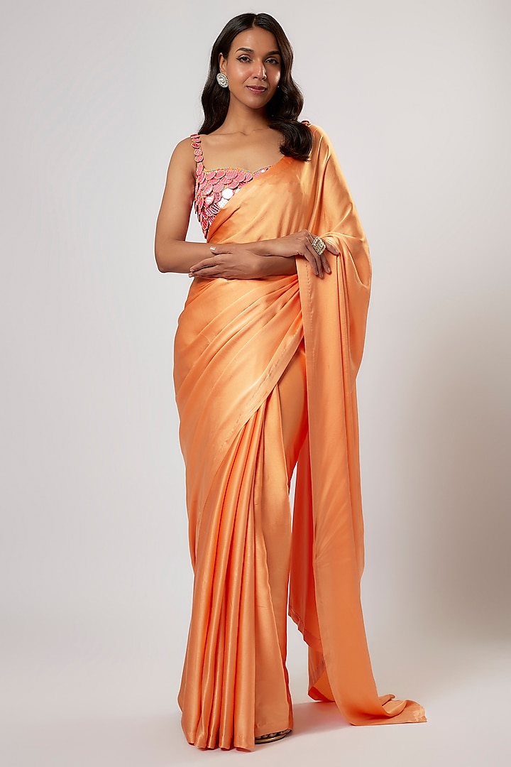 Tangerine Satin Silk Saree Set by Akanksha Gajria at Pernia's Pop Up Shop