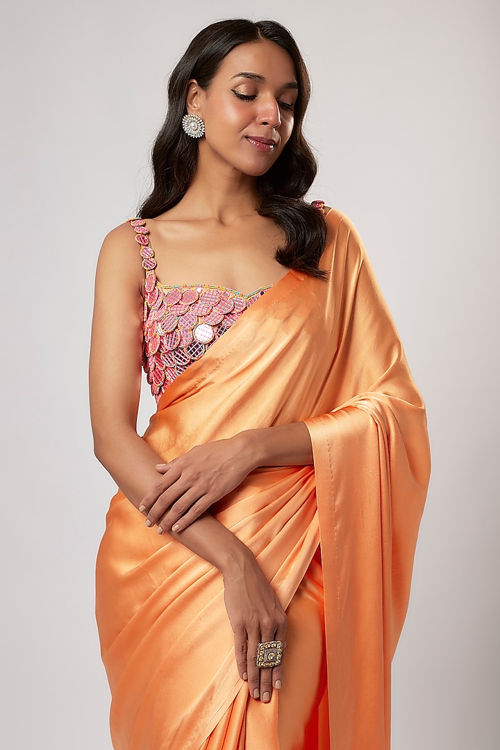 Tangerine Satin Silk Wedding Saree Set by Akanksha Gajria at Pernia's Pop Up Shop