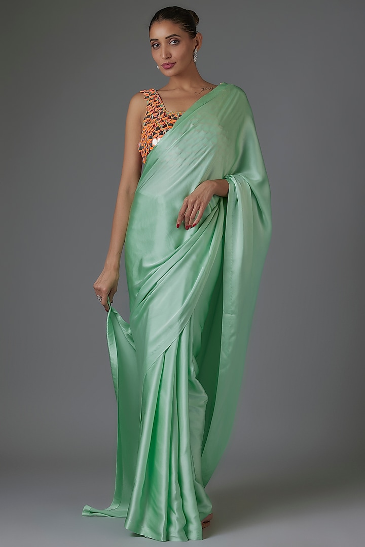 Pale Green Pure Satin Silk Saree Set by Akanksha Gajria at Pernia's Pop Up Shop