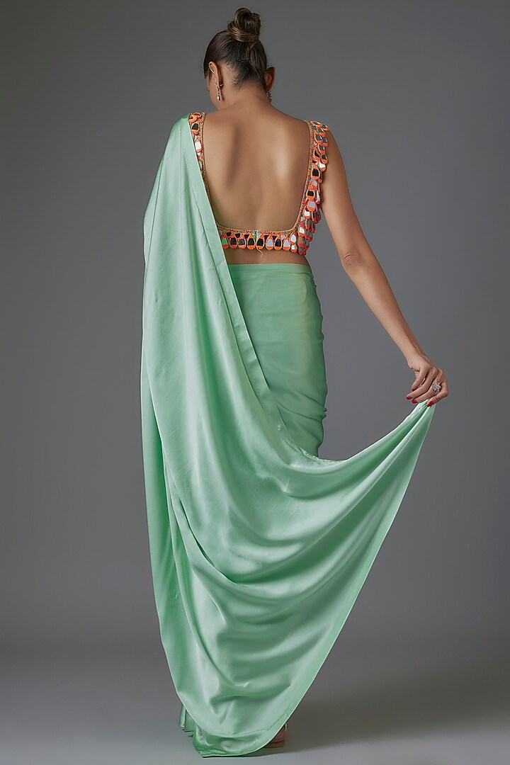 Pale Green Pure Satin Silk Wedding Saree Set by Akanksha Gajria at Pernia's Pop Up Shop