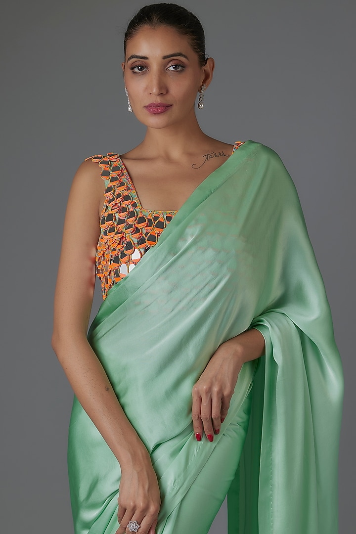 Pale Green Pure Satin Silk Wedding Saree Set by Akanksha Gajria at Pernia's Pop Up Shop