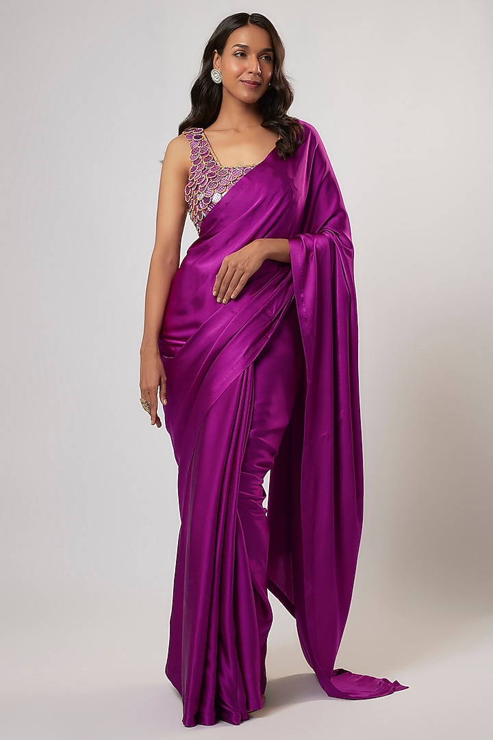 Purple Satin Silk Wedding Saree Set by Akanksha Gajria at Pernia's Pop Up Shop
