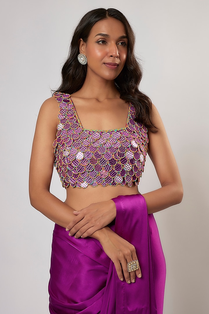 Purple Satin Silk Wedding Saree Set by Akanksha Gajria at Pernia's Pop Up Shop