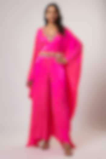 Hot Pink Satin Silk Hand Embroidered Jumpsuit With Belt by Akanksha Gajria at Pernia's Pop Up Shop