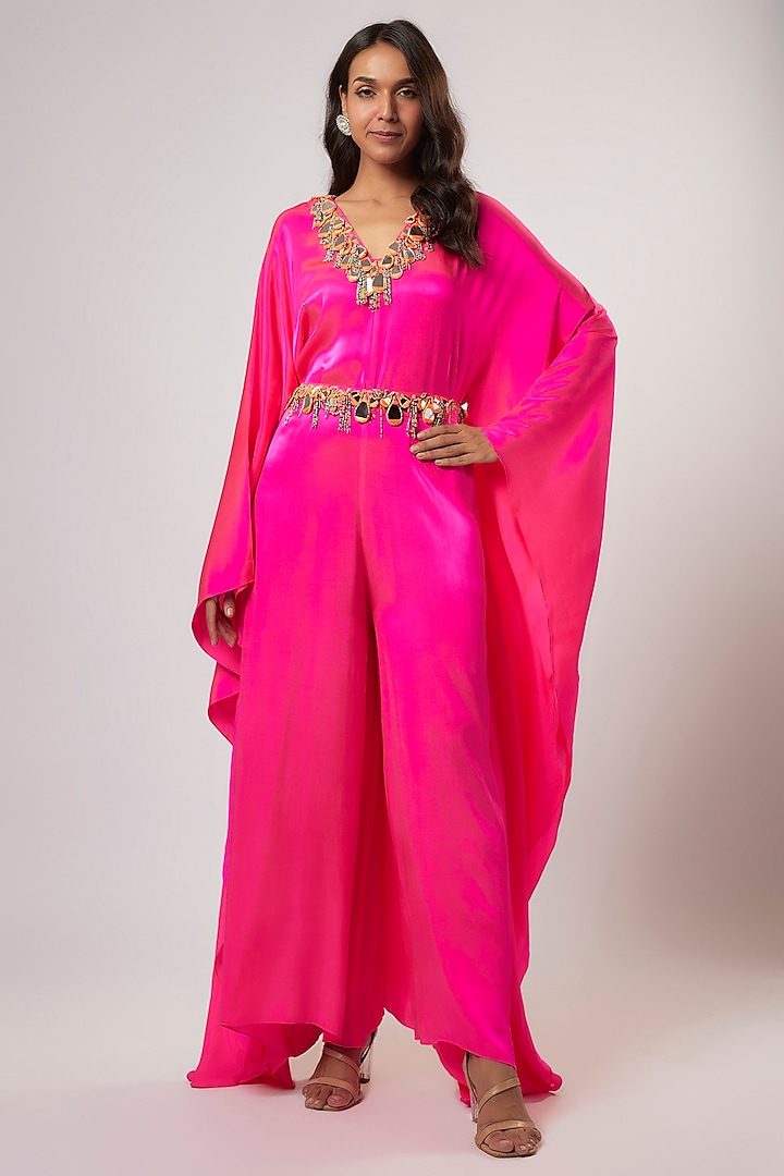 Hot Pink Satin Silk Hand Embroidered Jumpsuit With Belt by Akanksha Gajria at Pernia's Pop Up Shop