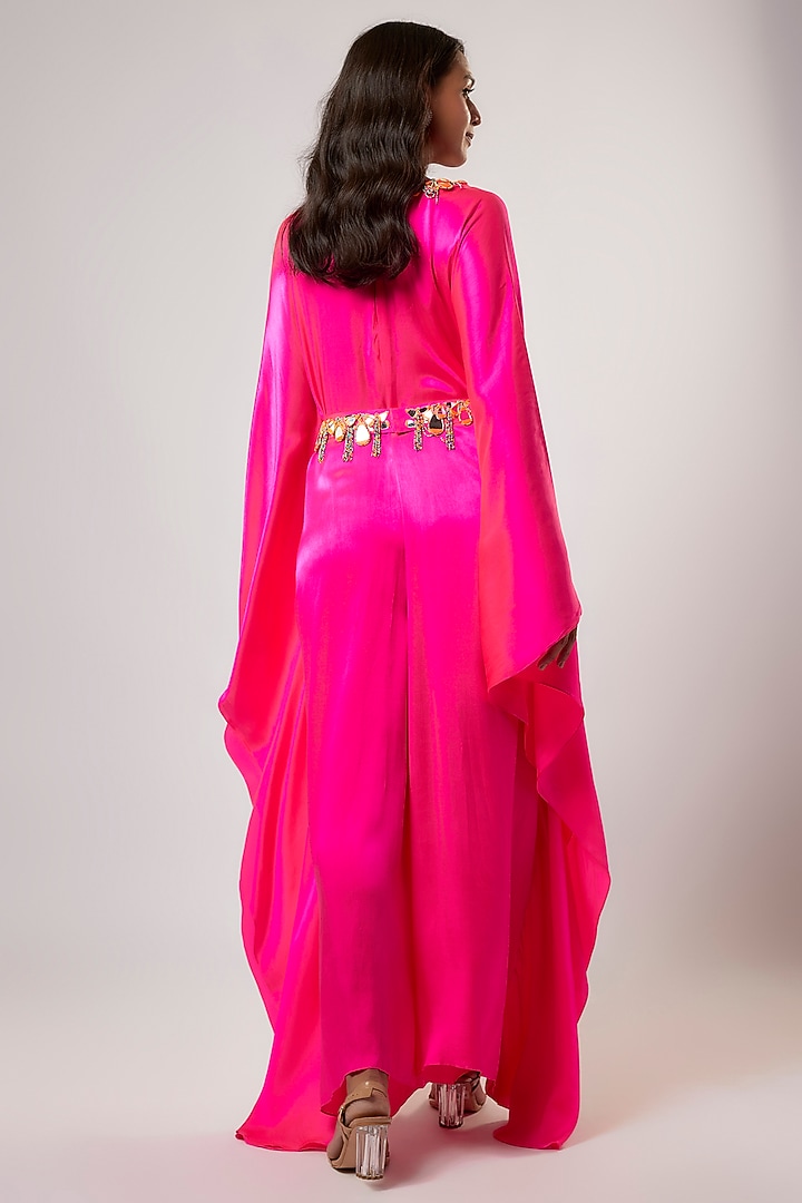 Hot Pink Satin Silk Hand Embroidered Jumpsuit With Belt by Akanksha Gajria at Pernia's Pop Up Shop