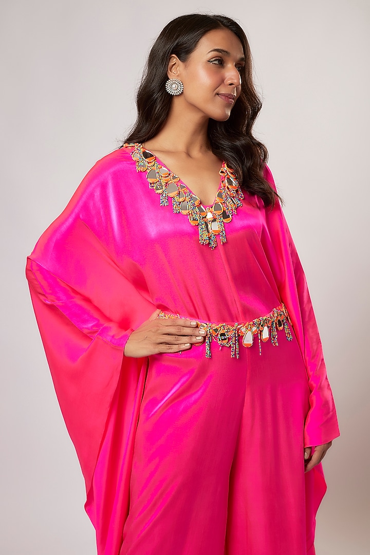 Hot Pink Satin Silk Hand Embroidered Jumpsuit With Belt by Akanksha Gajria at Pernia's Pop Up Shop