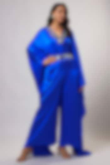 Royal Blue Satin Silk Hand Embroidered Jumpsuit With Belt by Akanksha Gajria at Pernia's Pop Up Shop