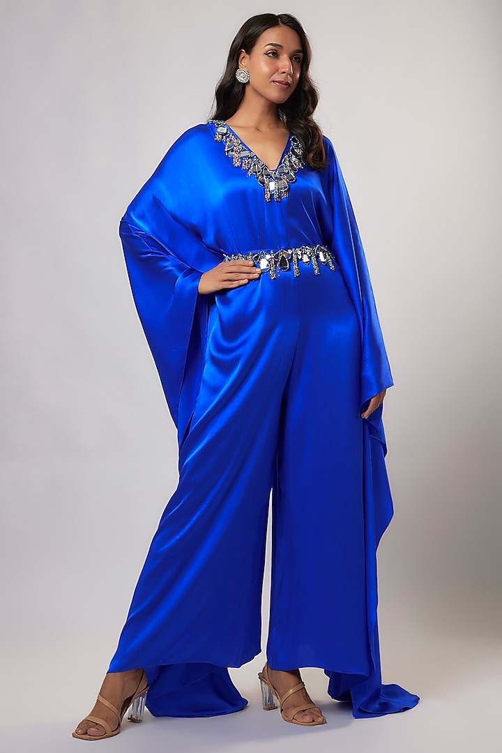 Royal Blue Satin Silk Hand Embroidered Jumpsuit With Belt by Akanksha Gajria at Pernia's Pop Up Shop