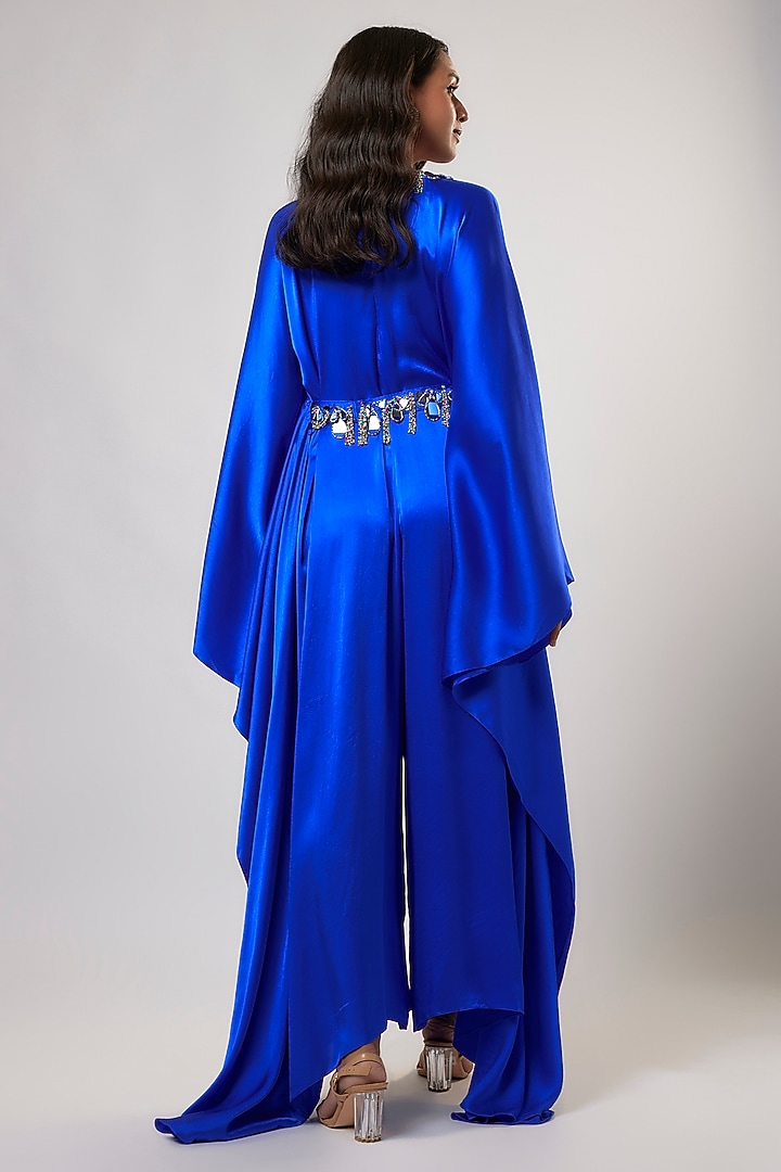Royal Blue Satin Silk Hand Embroidered Jumpsuit With Belt by Akanksha Gajria at Pernia's Pop Up Shop