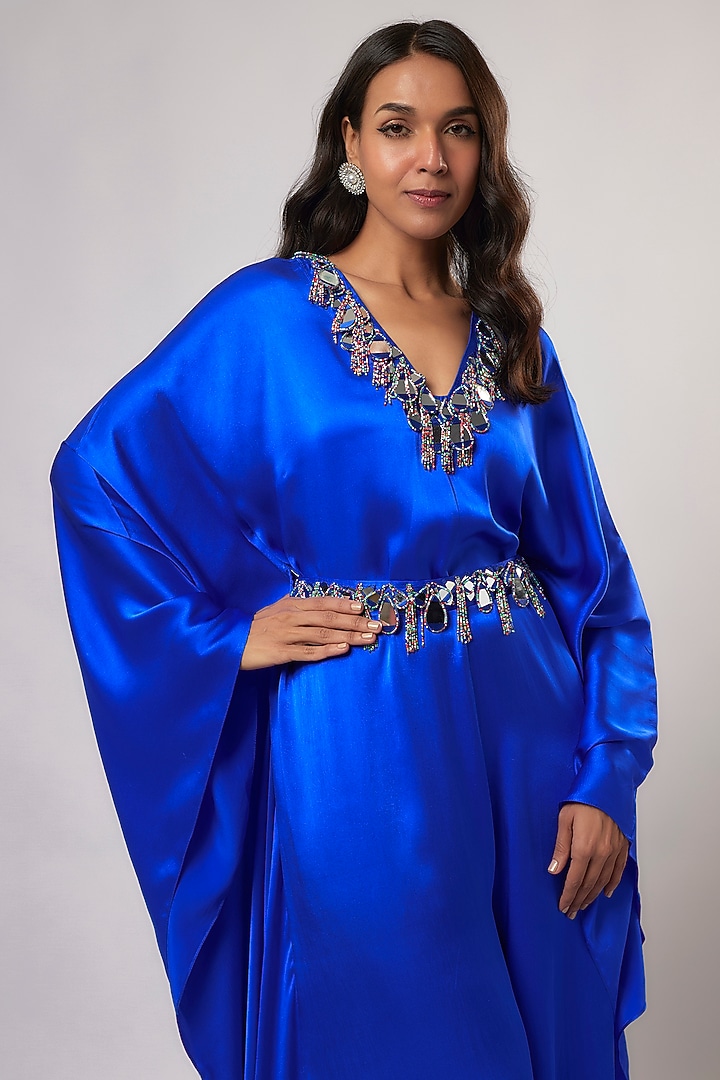 Royal Blue Satin Silk Hand Embroidered Jumpsuit With Belt by Akanksha Gajria at Pernia's Pop Up Shop