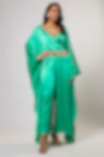 Mint Satin Silk Hand Embroidered Jumpsuit With Belt by Akanksha Gajria at Pernia's Pop Up Shop