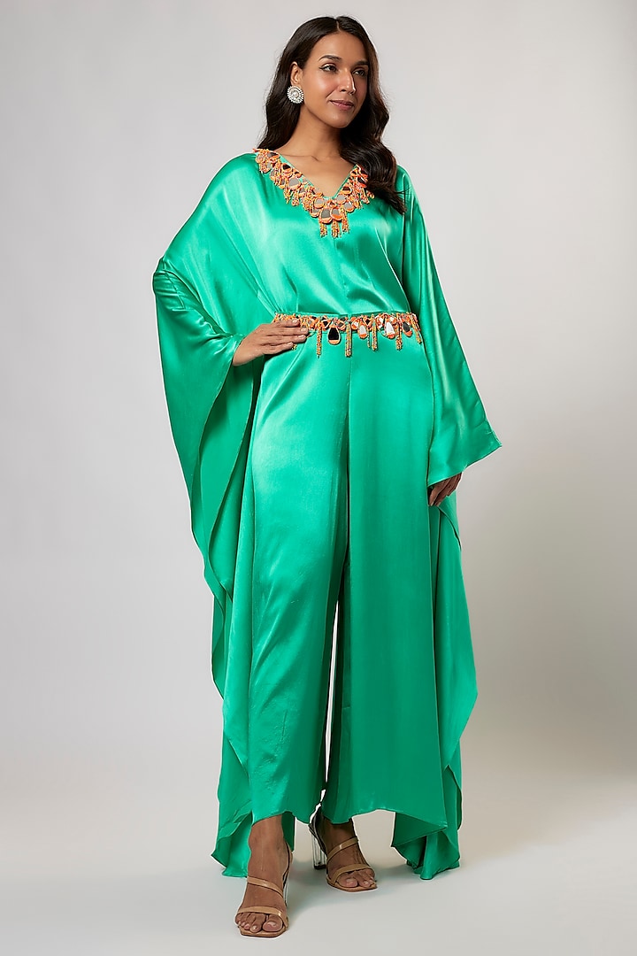 Mint Satin Silk Hand Embroidered Jumpsuit With Belt by Akanksha Gajria at Pernia's Pop Up Shop