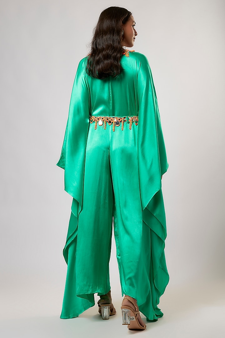 Mint Satin Silk Hand Embroidered Jumpsuit With Belt by Akanksha Gajria at Pernia's Pop Up Shop