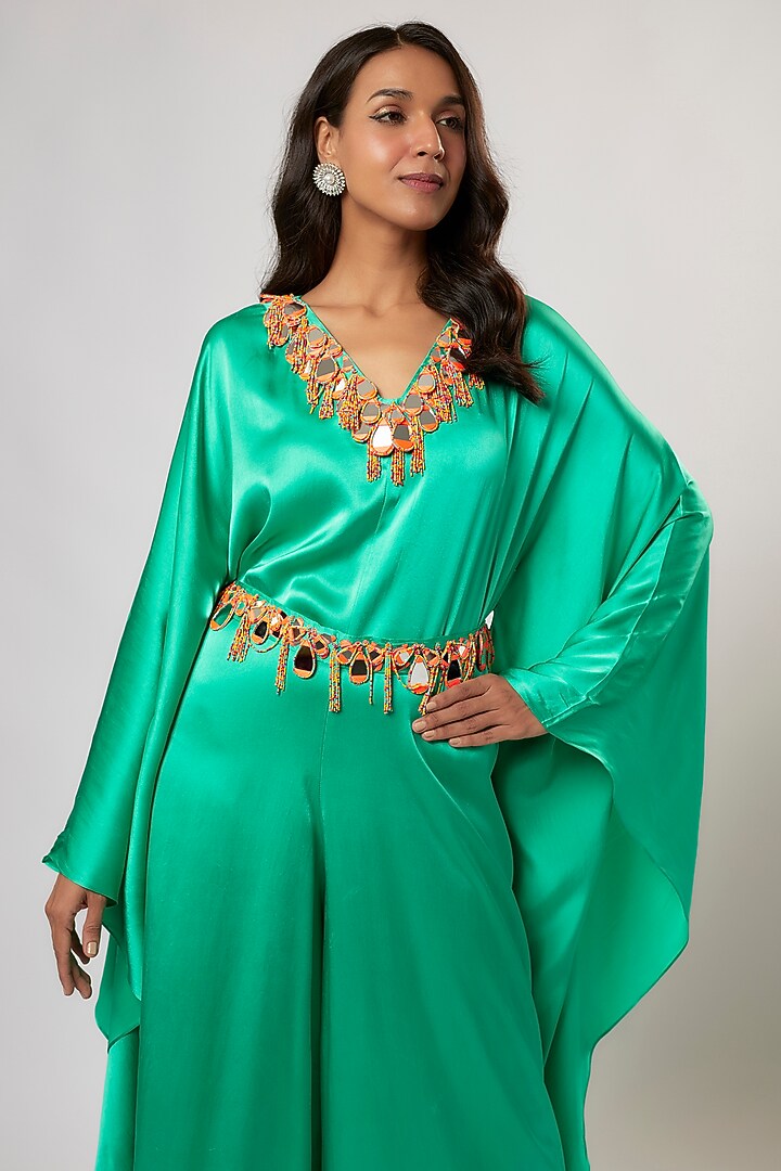 Mint Satin Silk Hand Embroidered Jumpsuit With Belt by Akanksha Gajria at Pernia's Pop Up Shop