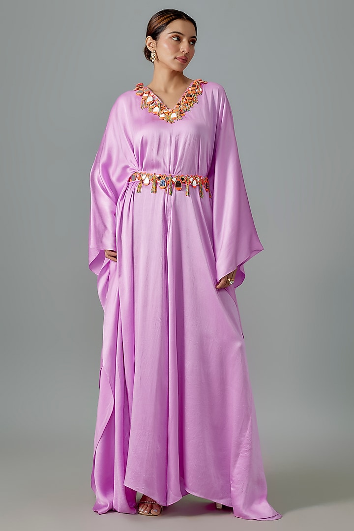 Lilac Pure Satin Silk Mirror Embroidered Kurta With Belt by Akanksha Gajria at Pernia's Pop Up Shop