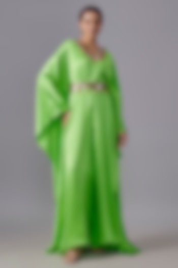 Lays Green Pure Satin Silk Mirror Embroidered Kurta With Belt by Akanksha Gajria at Pernia's Pop Up Shop