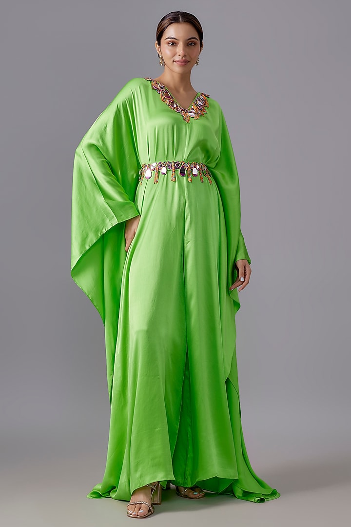 Lays Green Pure Satin Silk Mirror Embroidered Kurta With Belt by Akanksha Gajria at Pernia's Pop Up Shop