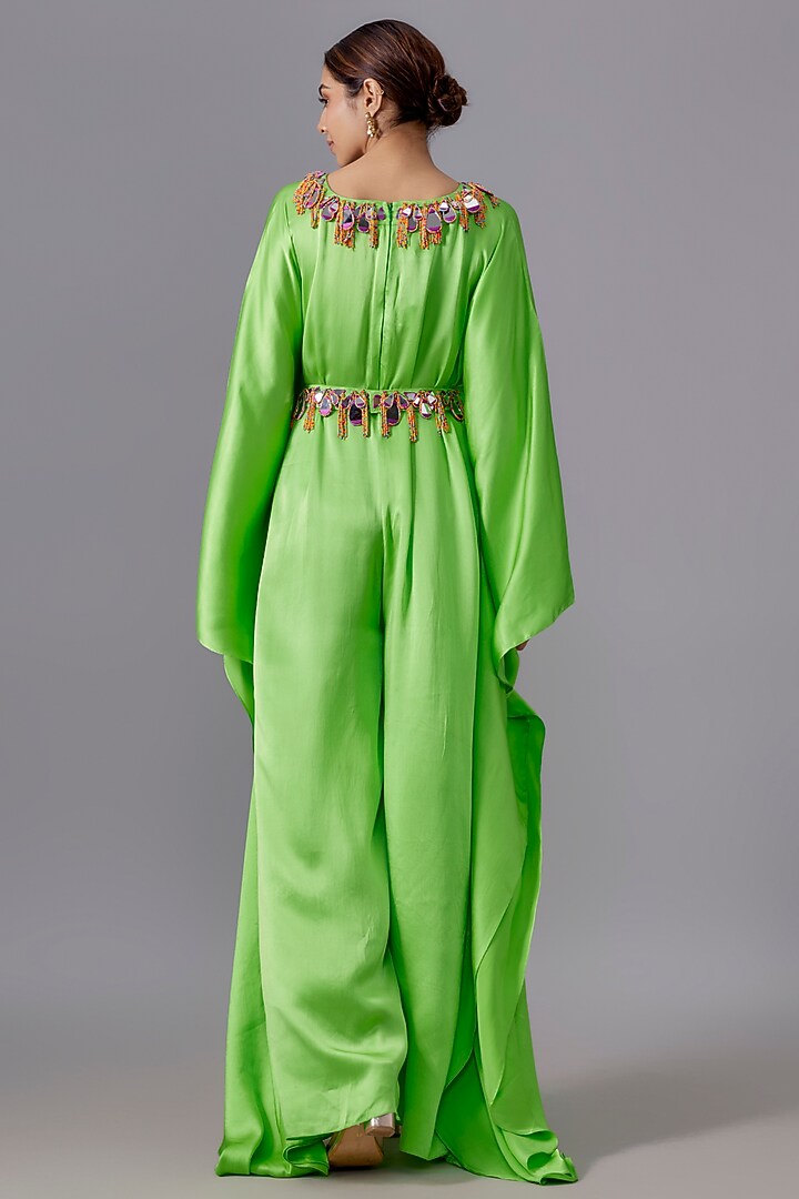 Lays Green Pure Satin Silk Mirror Embroidered Kurta With Belt by Akanksha Gajria at Pernia's Pop Up Shop