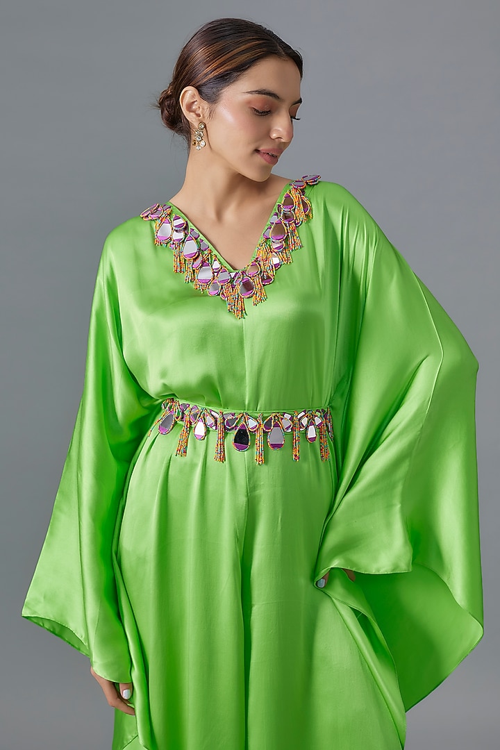 Lays Green Pure Satin Silk Mirror Embroidered Kurta With Belt by Akanksha Gajria at Pernia's Pop Up Shop