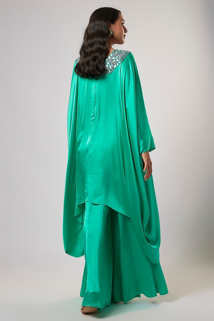 Turquoise Satin Silk Hand Embroidered Kaftan Set by Akanksha Gajria at Pernia's Pop Up Shop