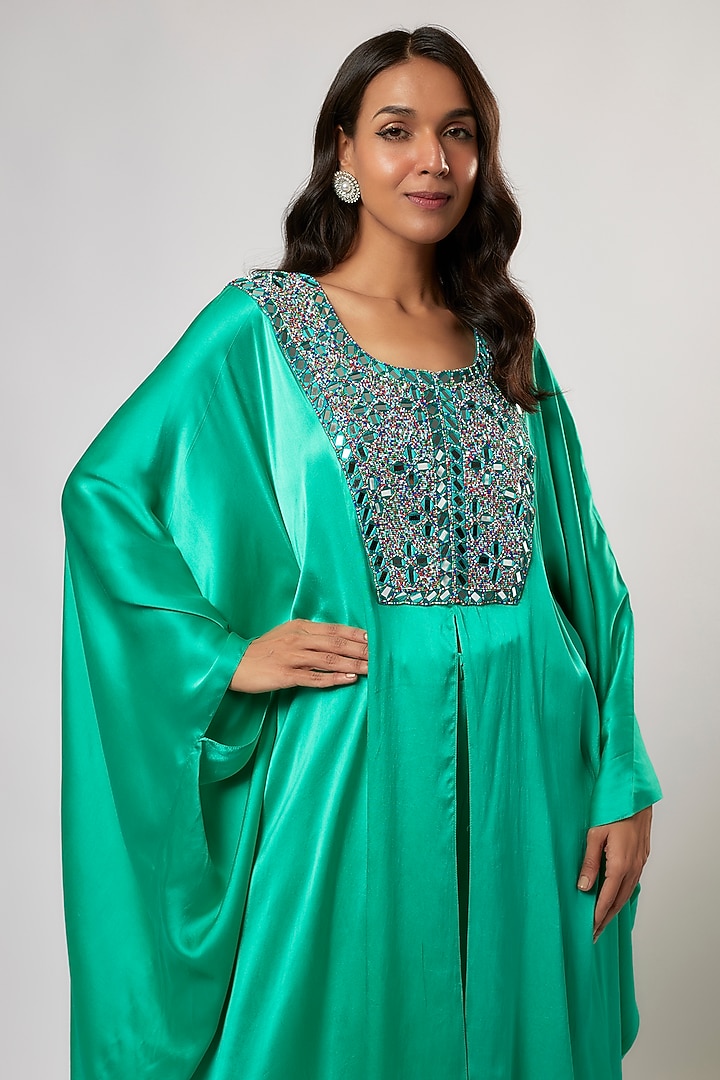 Turquoise Satin Silk Hand Embroidered Kaftan Set by Akanksha Gajria at Pernia's Pop Up Shop