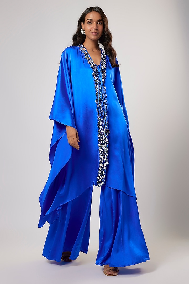 Royal Blue Satin Silk Embroidered Kaftan Set by Akanksha Gajria at Pernia's Pop Up Shop