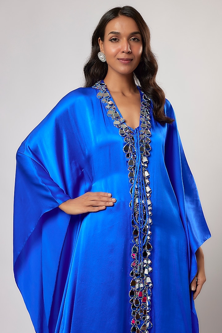 Royal Blue Satin Silk Embroidered Kaftan Set by Akanksha Gajria at Pernia's Pop Up Shop