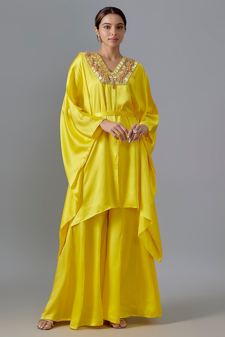 Yellow Pure Satin Silk Mirror Embroidered Kurta Set by Akanksha Gajria at Pernia's Pop Up Shop