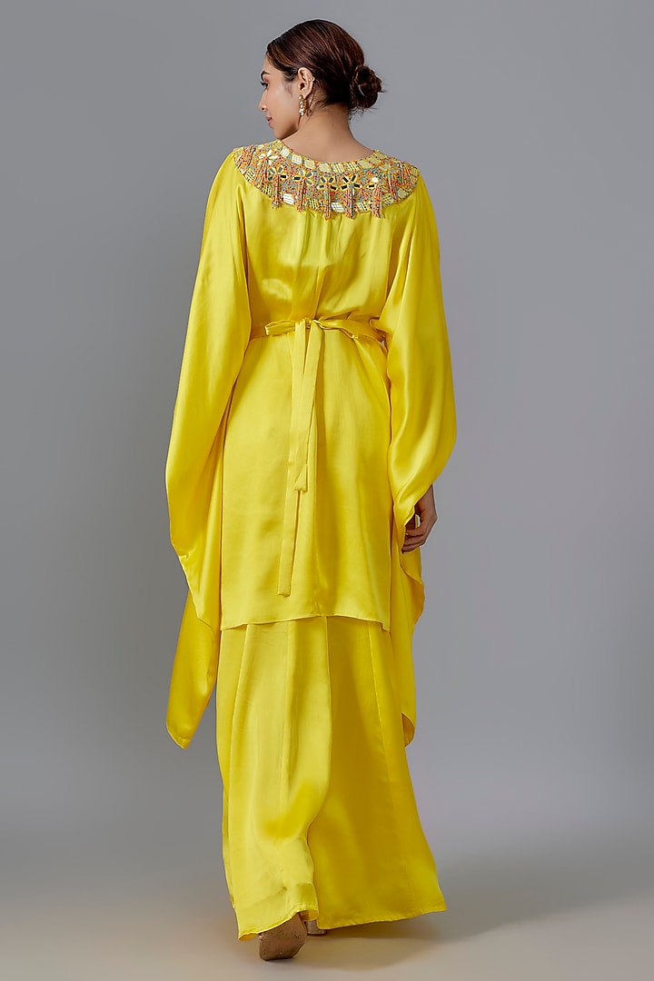 Yellow Pure Satin Silk Mirror Embroidered Kurta Set by Akanksha Gajria at Pernia's Pop Up Shop