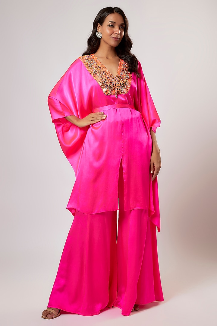 Hot Pink Satin Silk Embroidered Kaftan Set by Akanksha Gajria at Pernia's Pop Up Shop